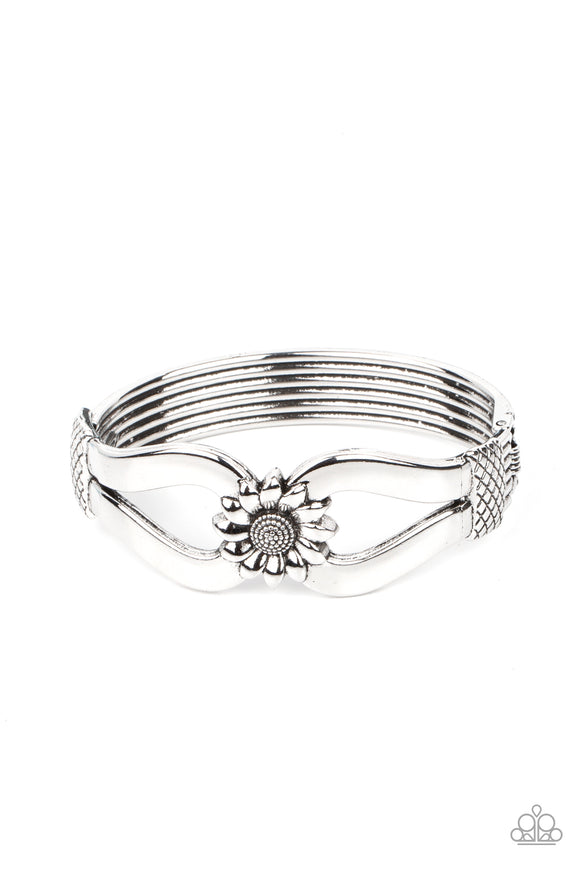 Let A Hundred SUNFLOWERS Bloom-Silver Hinge Bracelet-Paparazzi Accessories