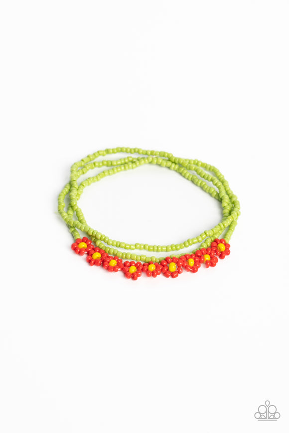 Buzzworthy Botanicals-Red Stretch Bracelet-Green-Seed Bead-Paparazzi Accessories
