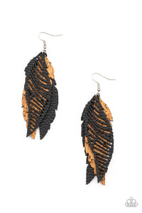 WINGING Off The Hook-Black Earring-Leather-Paparazzi Accessories.