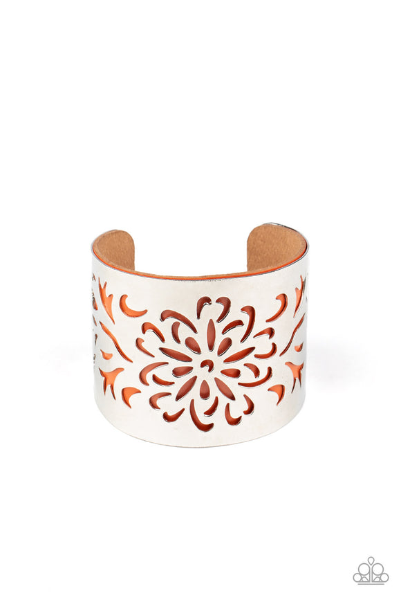 Get Your Bloom On-Orange Cuff Bracelet-Leather-Paparazzi Accessories.