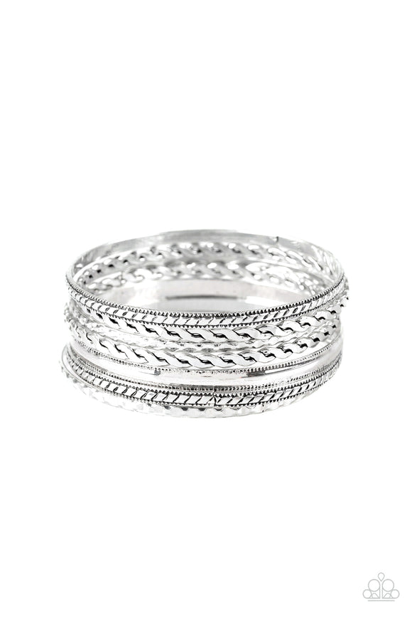 Rattle And Roll-Silver Bangle Bracelet-Paparazzi Accessories.
