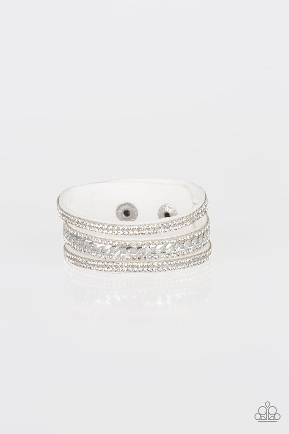 Rollin In Rhinestones-White Wrap Bracelet-Paparazzi Accessories.